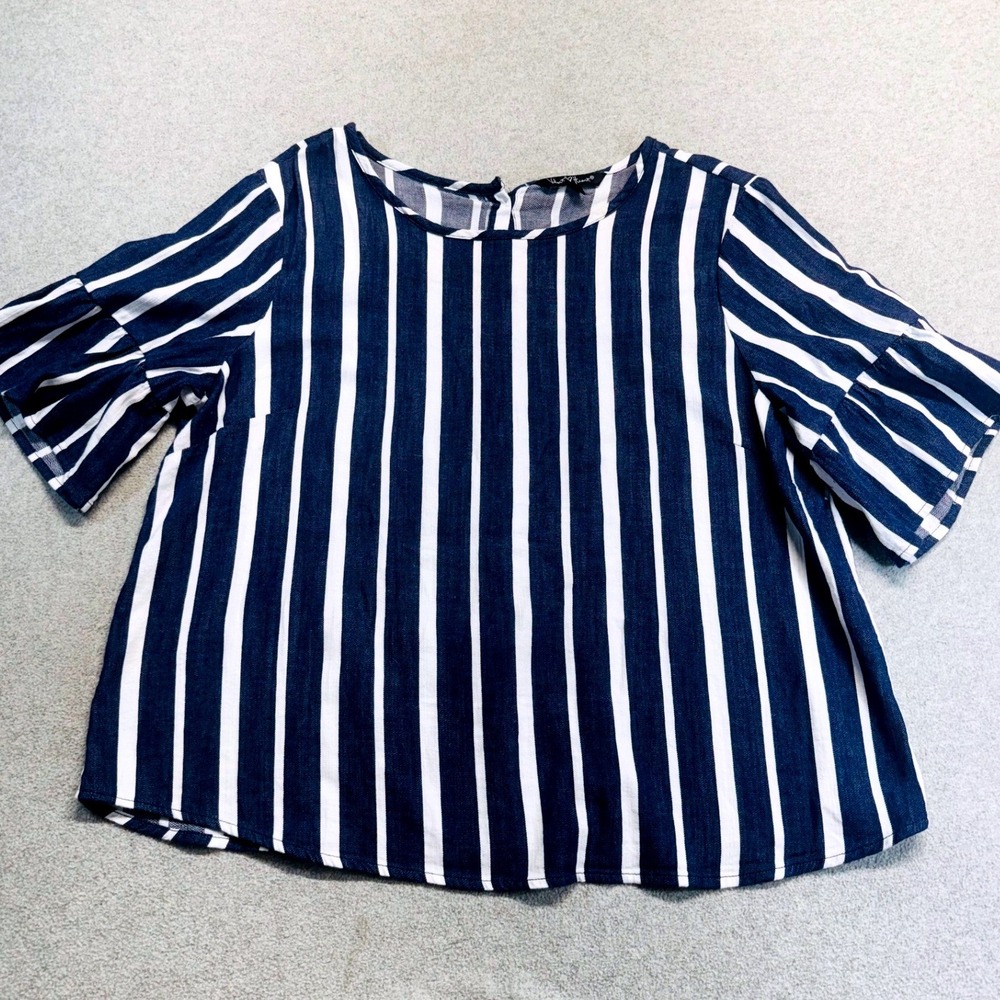 Velvet Heart Womens XL Blue White Stripe Bell Sleeve Blouse Keyhole Back Top